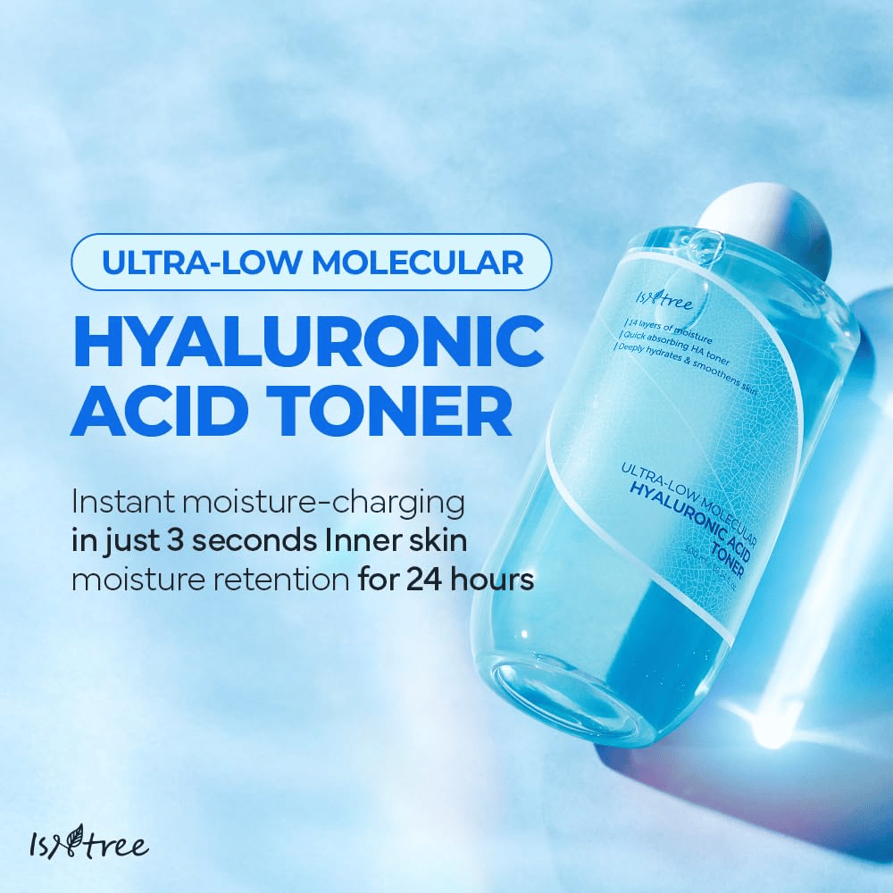Tuotekuva Isntree Ultra-Low Molecular Hyaluronic Acid Toner sinisellä taustalla. Teksti korostaa nopeaa kosteutusta 3 sekunnissa ja kosteuden säilyttämistä 24 tunnin ajan. Pullo näytetään suurennettuna kulmassa, jossa etiketti on selkeästi näkyvissä.