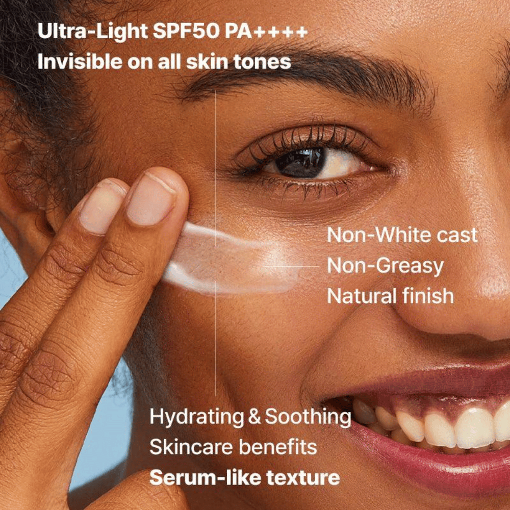 Närbild på en kvinna som applicerar en transparent solkräm med fingrarna; text lyfter fram SPF50 PA++++, ingen vit hinna, naturlig finish och serumliknande återfuktande textur.