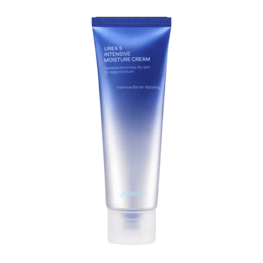 Valkotaustaa vasten kuvattu irrotettu tuotekuva tuotteesta Jumiso Urea 5 Intensive Moisture Cream. Sininen, minimalistisesti muotoiltu tuubi korostaa tuotteen keskittymistä intensiiviseen kosteutukseen ja ihon suojamuuria vahvistavaan hoitoon erittäin kuivalle iholle.