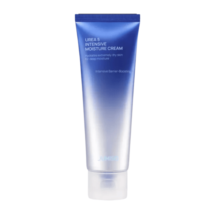 Valkotaustaa vasten kuvattu irrotettu tuotekuva tuotteesta Jumiso Urea 5 Intensive Moisture Cream. Sininen, minimalistisesti muotoiltu tuubi korostaa tuotteen keskittymistä intensiiviseen kosteutukseen ja ihon suojamuuria vahvistavaan hoitoon erittäin kuivalle iholle.