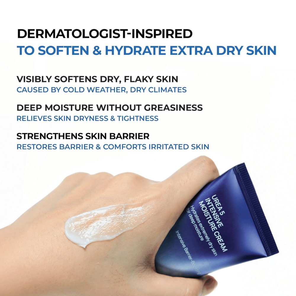 Tietokuva, joka tuo esiin Jumiso Urea 5 Intensive Moisture Cream -tuotteen tärkeimmät hyödyt. Voidetta kuvataan dermatologisesti inspiroiduksi erittäin kuivalle iholle, ja se auttaa pehmentämään hilseilevää ihoa, tarjoamaan syväkosteutusta ilman rasvaista tuntua sekä vahvistamaan ihon suojamuuria. Käsi näyttää tuotteen kermaisen koostumuksen iholla.