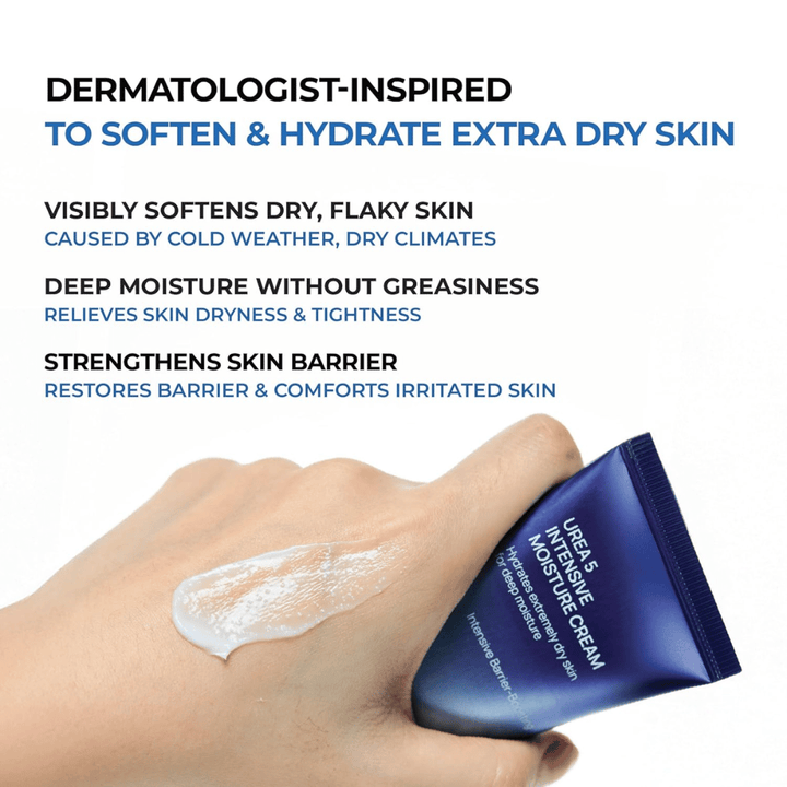 Tietokuva, joka tuo esiin Jumiso Urea 5 Intensive Moisture Cream -tuotteen tärkeimmät hyödyt. Voidetta kuvataan dermatologisesti inspiroiduksi erittäin kuivalle iholle, ja se auttaa pehmentämään hilseilevää ihoa, tarjoamaan syväkosteutusta ilman rasvaista tuntua sekä vahvistamaan ihon suojamuuria. Käsi näyttää tuotteen kermaisen koostumuksen iholla.