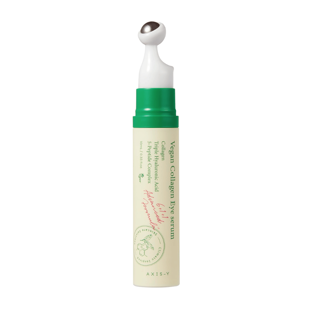 AXIS-Y Vegan Collagen Eye Serum 10ml vihreällä applikaattorilla, suunniteltu vähentämään ryppyjä ja kosteuttamaan herkkää silmänympärysaluetta. Tuote sisältää vegaanikollageenia, hyaluronihappoa ja 5-peptidikompleksin tarjotakseen intensiivistä hoitoa ja ravintoa.