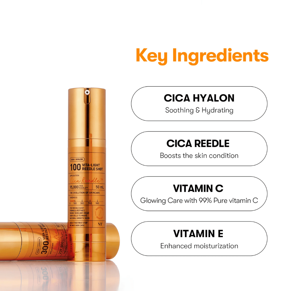 Kultainen pullo VT Cica Hyalon Vita-Light Reedle Shot 100hL, 50 ml, pumppu, seisoo makaavan pullon vieressä. Oikealla listataan avainainesosat: Cica Hyalon, Cica Reedle, C-vitamiini ja E-vitamiini.