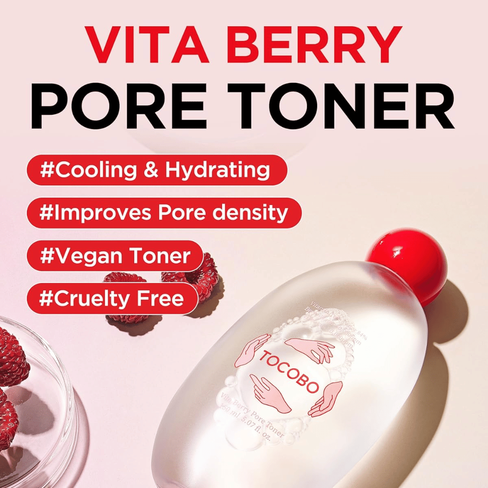 Tuotekuva tekstillä, joka korostaa kasvoveden ominaisuuksia, kuten kosteutusta, viilentävää tunnetta, parannettua ihohuokosten hoitoa sekä sitä, että tuote on vegaaninen ja cruelty-free.