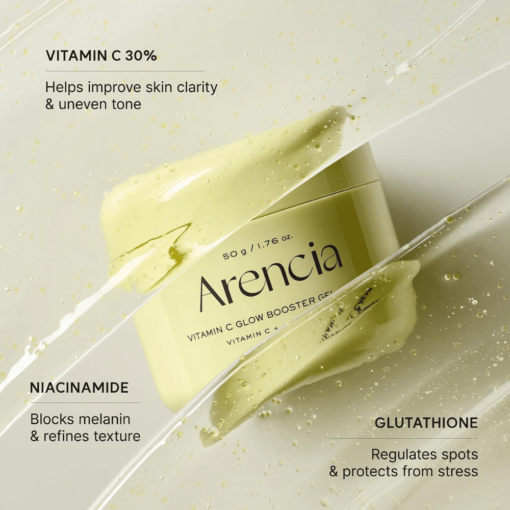 Arencia Vitamin C Glow Booster Gel Cream – sisältää 30 % C-vitamiinia, niasiiniamidia ja glutationia tasaisemman ihonsävyn ja hehkun saamiseksi