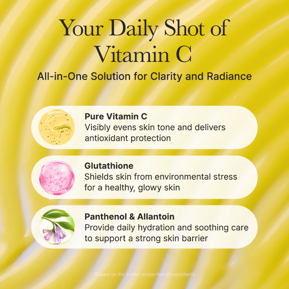 Arencia Vitamin C Booster Shot ainesosakatsaus – C-vitamiini, joka tasoittaa ihonsävyä, glutationi, jolla on antioksidanttivaikutus sekä panthenoli ja allantoiini, jotka kosteuttavat ja rauhoittavat ihoa