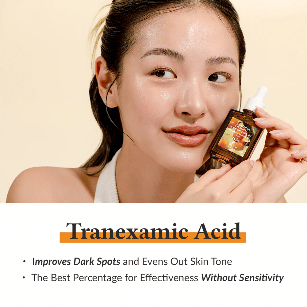 Tämä kuva näyttää tuotteen, joka sisältää traneksaamihappoa, tunnettu parantamaan tummia läiskiä ja tasoittamaan ihon sävyä. Tuote tarjoaa tehokkaan pitoisuuden, joka on hellävarainen ja minimoi ihon ärsytyksen riskin.