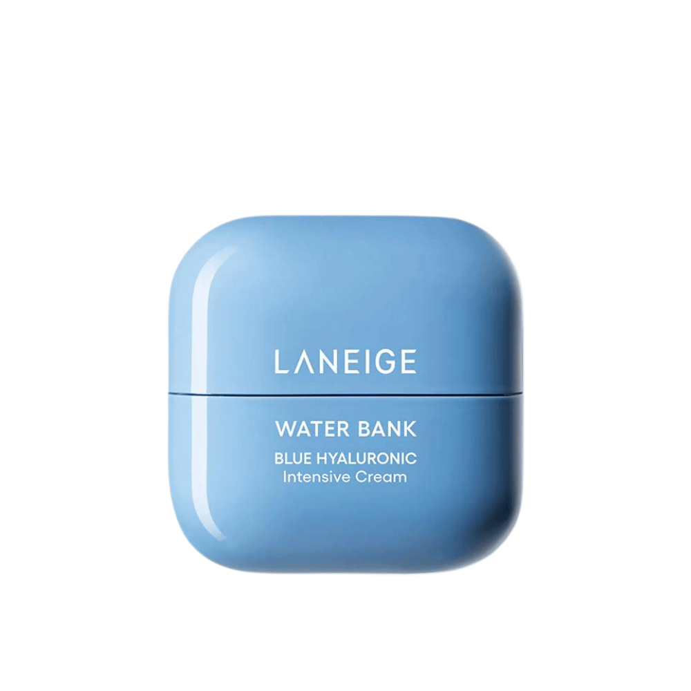 LANEIGE Water Bank Blue Hyaluronic Intensive Cream sinisessä pyöreässä purkissa, valkoista taustaa vasten.