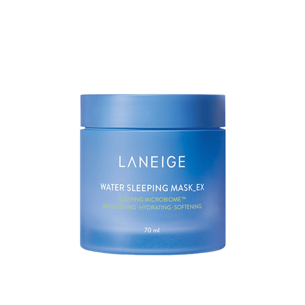 LANEIGE Water Sleeping Mask_EX sinisessä purkissa, jossa on valkoista ja vihreää tekstiä, valkoista taustaa vasten.