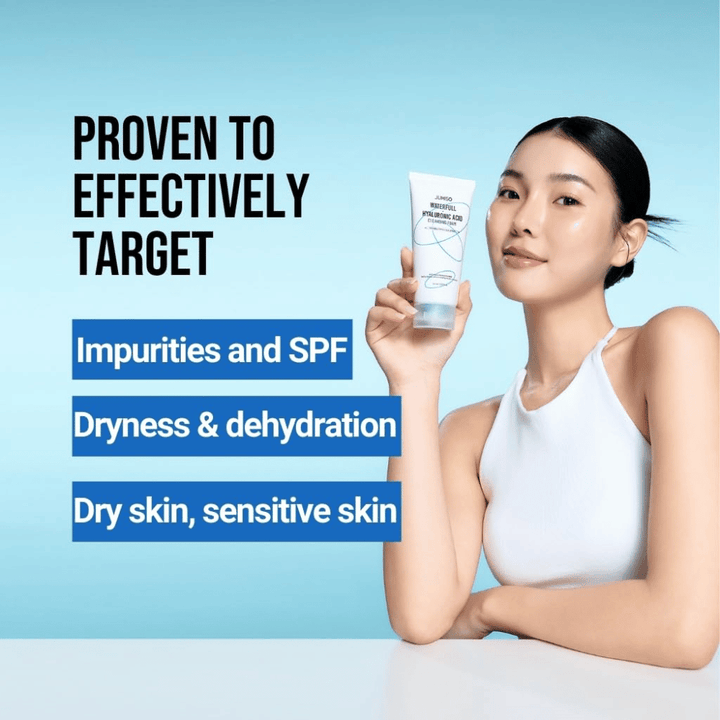 Henkilö, jolla on kirkas ja kosteutettu iho, pitelee esillä Jumiso Waterfull Hyaluronic Acid Cleansing Foam. Kuva kuvaa tuotteen kykyä kohdistua epäpuhtauksiin, SPF-jäämiin, kuivuuteen ja herkälle iholle.