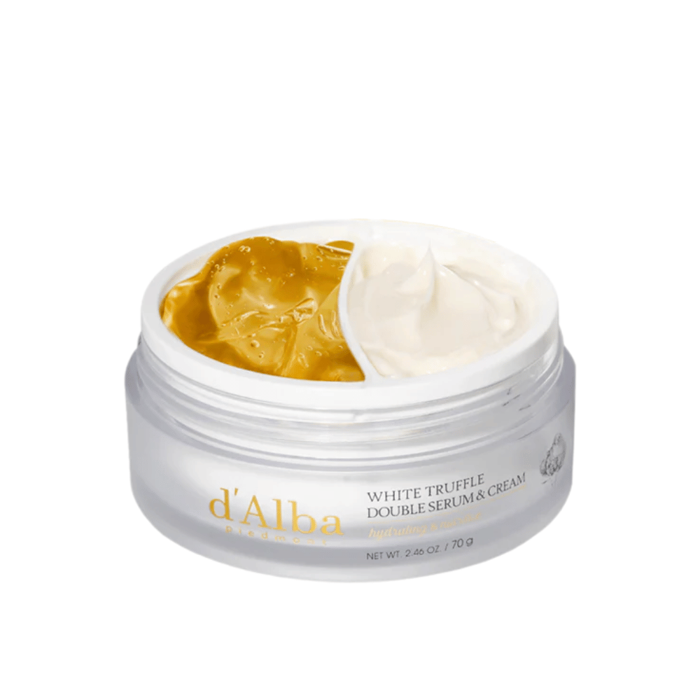 d'Alba White Truffle Double Serum & Cream yhdistää seerumin ja voiteen kätevään kaksiosaiseen purkkiin. Tämä tuote tarjoaa intensiivistä kosteutusta ja ravintoa valkoisen tryffeliuutteen ansiosta, mikä antaa iholle säteilevän ja kiinteämmän tunteen.