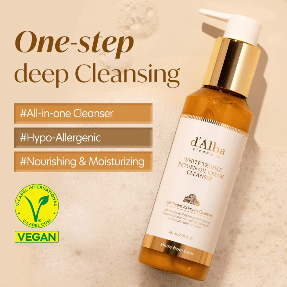 d'Alba White Truffle Return Oil Cream Cleanser on vegaaninen, hypoallergeeninen puhdistusvoide yhden vaiheen syväpuhdistuksella. Tämä kaikki-yhdessä puhdistusaine on ravitseva ja kosteuttava, ja se muuttuu öljystä vaahdoksi puhdistaakseen ihon tehokkaasti ja jättäen sen pehmeäksi ja raikkaaksi.