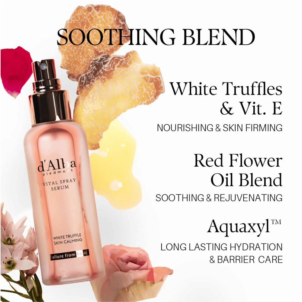 d'Alba White Truffle Vital Spray Serum – valkoinen tryffeli, E-vitamiini, kukkaisöljyt ja Aquaxyl kosteutukseen ja ihon suojamuurin hoitoon