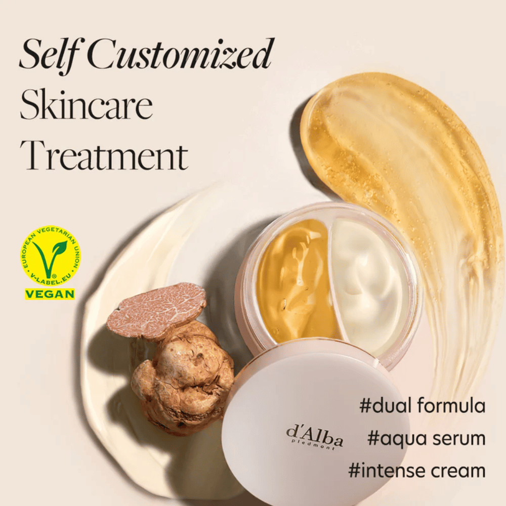 d'Alba White Truffle Double Serum & Cream on vegaaninen ihonhoitotuote, joka tarjoaa henkilökohtaisen ihonhoitokokemuksen. Siinä on kaksoiskoostumus, jossa on sekä aqua-seerumi että intensiivinen voide, täydellinen kosteuttamaan ja vahvistamaan ihoa.