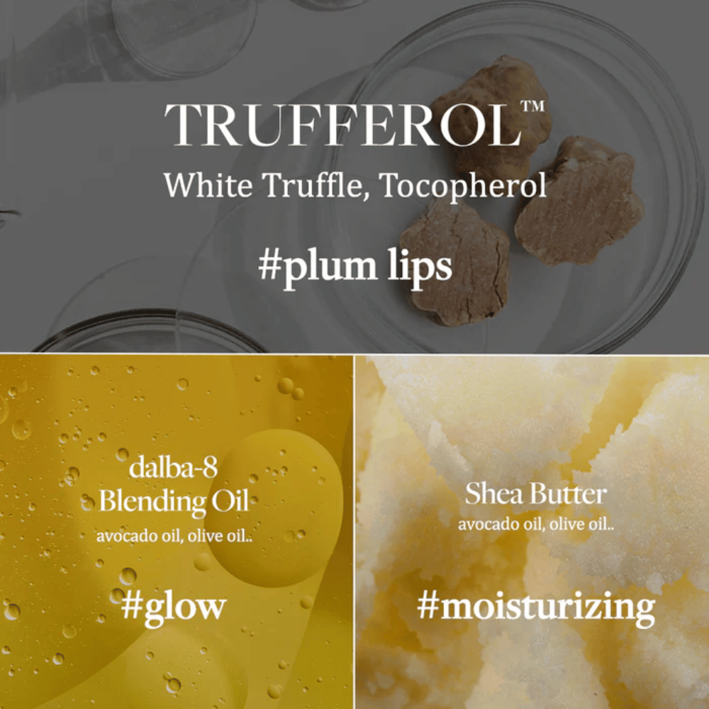 Ainesosakuva White Truffle, Tocopherol, Blending Oil ja Shea Butter d'Alba Nourishing Serum Lip Balm -tuotteelle, merkitty hashtageilla #plum lips, #glow ja #moisturizing.