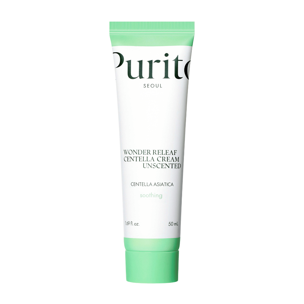 Purito Wonder Releaf Centella Cream Unscented on kosteuttava ja rauhoittava kasvovoide, joka sisältää Centella Asiatica -uutetta. Hajusteeton koostumus vahvistaa ihon suojamuuria ja lievittää ärsytystä, mikä tekee siitä ihanteellisen herkälle iholle.