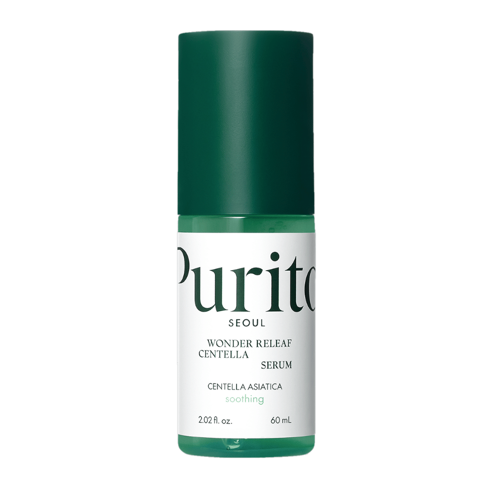 Purito Wonder Releaf Centella Serum vihreässä ja valkoisessa pullossa, jonka sisältö on 60 ml, keskitettynä valkoista taustaa vasten.