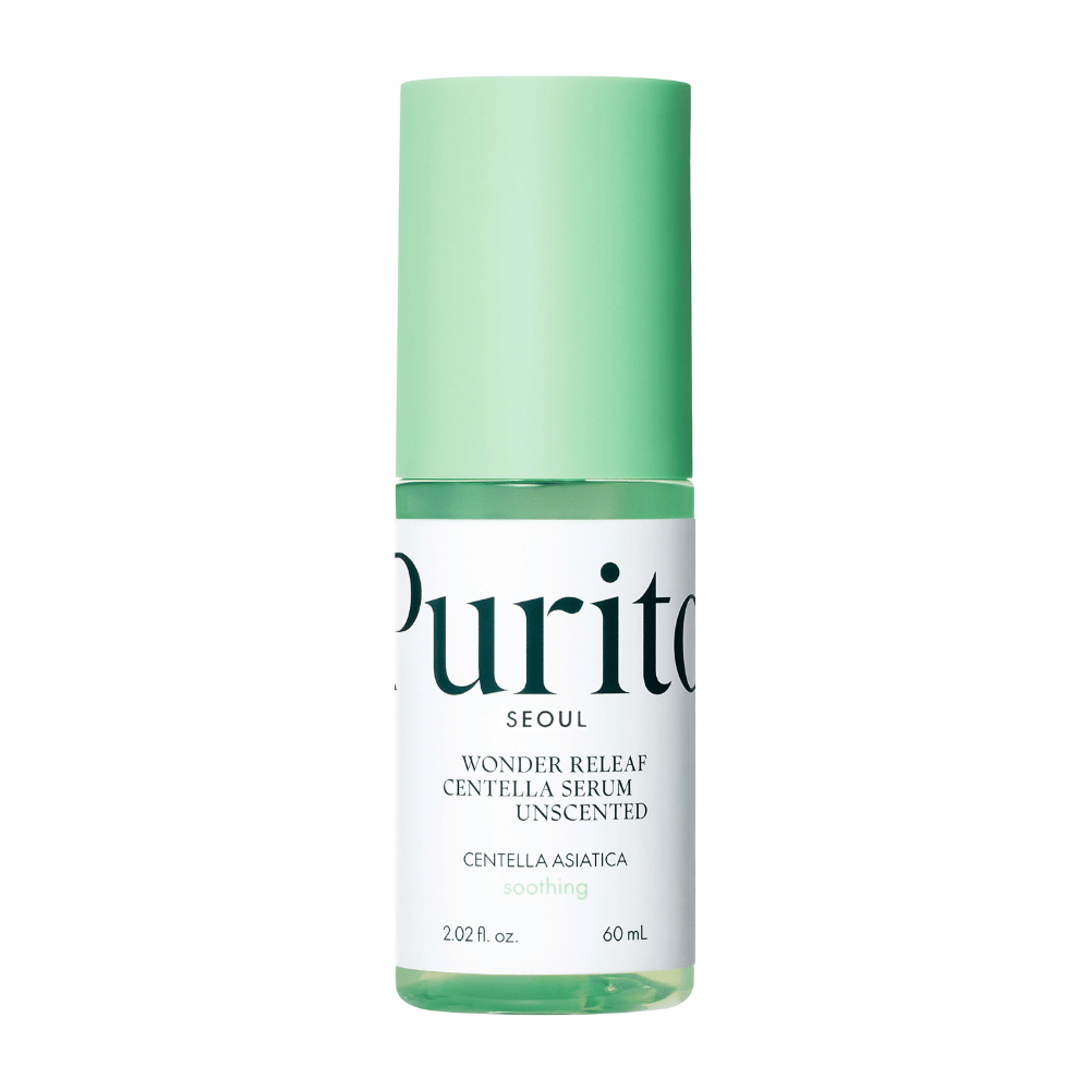 Suljettu pullo Purito Wonder Releaf Centella Serum, hajuton, valkoista taustaa vasten.