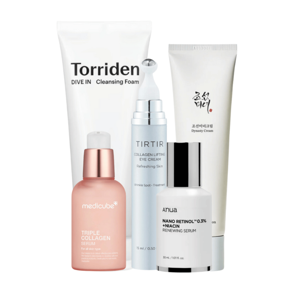 Tämä setti, "Youthful Radiance Anti-Aging Kit", sisältää joukon ihonhoitotuotteita elvyttämään ja hoitamaan kypsää ihoa. Setti sisältää Torriden Dive In Cleansing Foam, Tirtir Collagen Lifting Eye Cream, Medicube Triple Collagen Serum ja Anua Nano Retinol 0.3% + Niacin Renewing Serum yhdessä Beauty of Joseon Dynasty Cream.