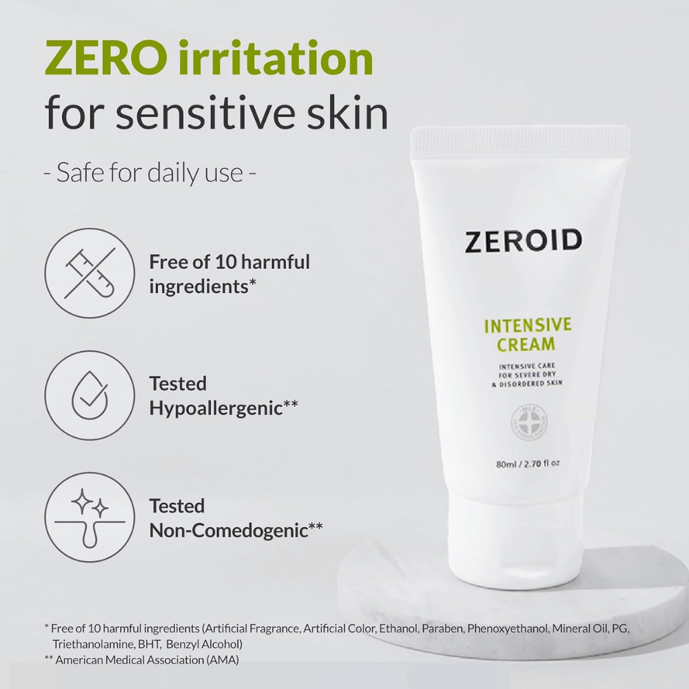 ZEROID Intensive Cream on kehitetty herkälle iholle, eikä se sisällä kymmentä yleisesti käytettyä ainesosaa, jotka voivat aiheuttaa ärsytystä. Voide on hypoallergeenisesti testattu, ei-komedogeeninen ja sopii päivittäiseen käyttöön.