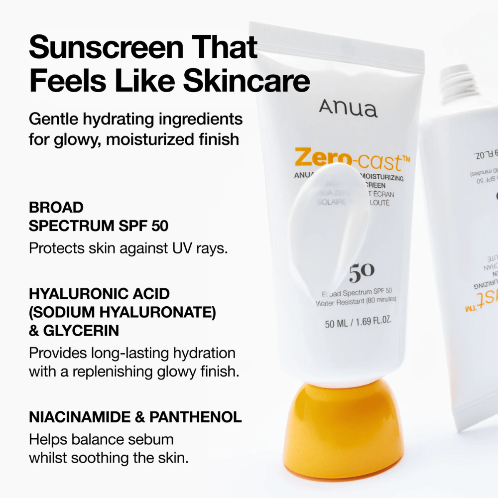 Lähikuva ANUA Zero-Cast Moisturizing Sunscreenista SPF 50 – aurinkovoide valkoisessa tuubissa, jossa on oranssi korkki, näyttäen tekstiä ainesosista kuten hyaluronihappo, niasiiniamidi ja pantenoli kosteutetulle, suojatulle iholle.