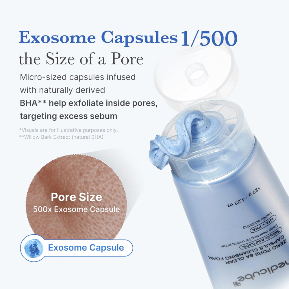 Medicube Zero Pore Capsule Cleansing Foam eksosomikapseleilla ja BHA:lla, joka liuottaa talia ja puhdistaa huokoset tukkimatta ihoa.