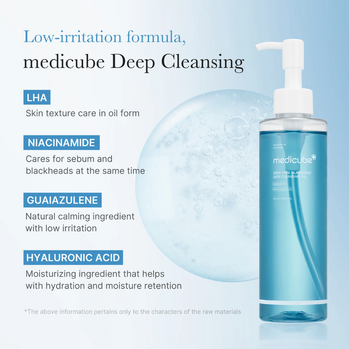 Medicube Zero Pore Blackhead Deep Cleansing Oil med ingredienserna LHA, Niacinamide, Guaiazulene och Hyaluronic Acid presenterade som nyckelfunktioner för skonsam och effektiv rengöring.