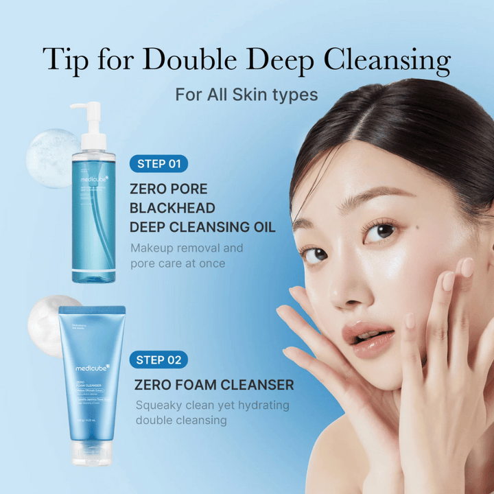 Reklambild för Medicube dubbelrengöring med Zero Pore Blackhead Deep Cleansing Oil och Zero Foam Cleanser, tillsammans med en kvinna som visar sin rena och återfuktade hud.