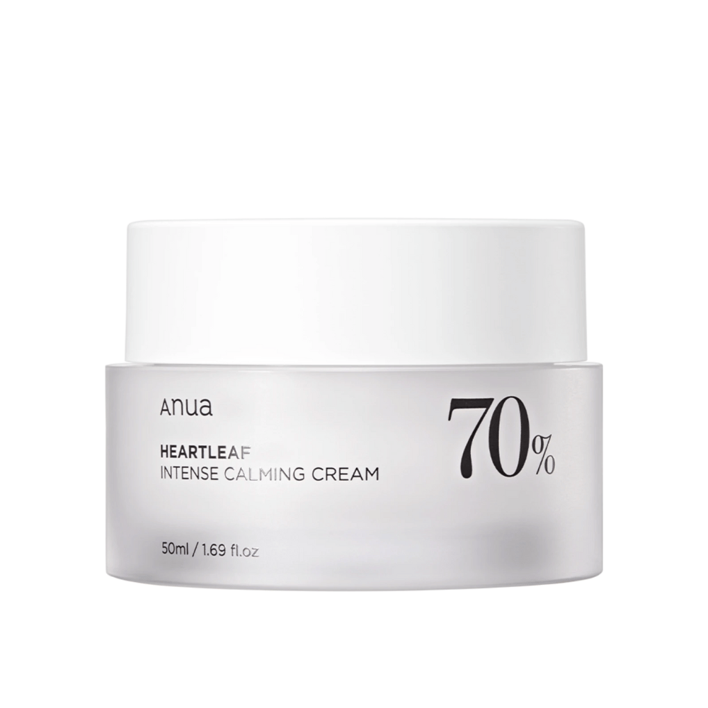 Valkoinen purkki, jossa "Anua Heartleaf Intense Calming Cream" ja "70%"-merkintä, merkitty tilavuudella "50ml/1.69 fl.oz."