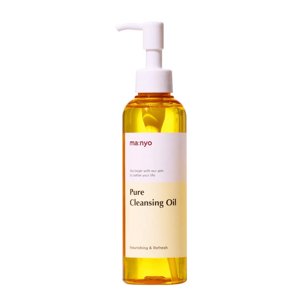 Yksi pullo ma:nyo Pure Cleansing Oil 200ml meikinpoistoaine esillä valkoisella taustalla.