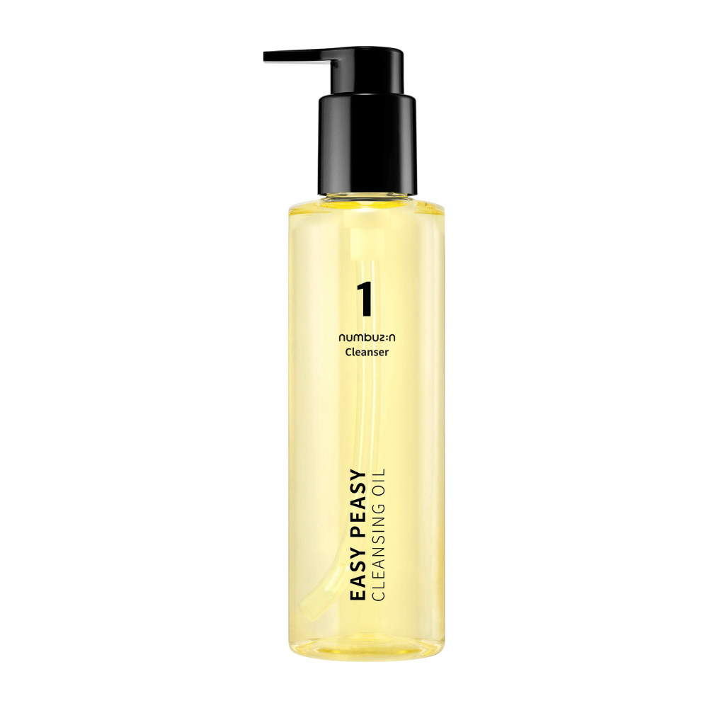 Tuotekuva Numbuzin No.1 Easy Peasy Cleansing Oil -puhdistusöljystä, läpinäkyvä pumppupullo mustalla korkilla valkoista taustaa vasten.
