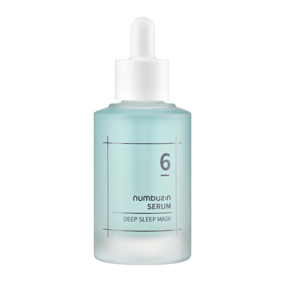 numbuzin No. 6 Deep Sleep Mask Serum sinisessä huurretussa pullossa pipetillä, suunniteltu syvään kosteuttavaan ihonhoitoon.