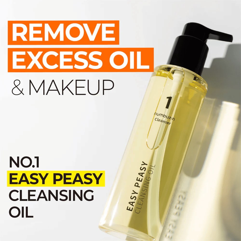 Pullo Numbuzin No.1 Easy Peasy Cleansing Oil -puhdistusöljyä valkoista taustaa vasten, teksti ”Remove excess oil & makeup” näkyy vieressä.