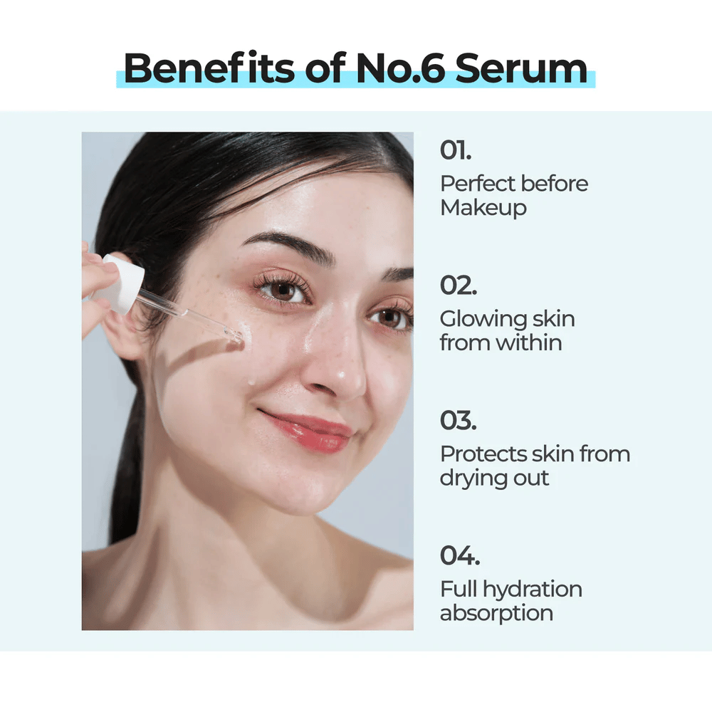 Nainen levittää numbuzin No. 6 Deep Sleep Mask Serum pipetillä, joka antaa hehkua, suojaa kuivuudelta ja imeytyy täysin ihoon.