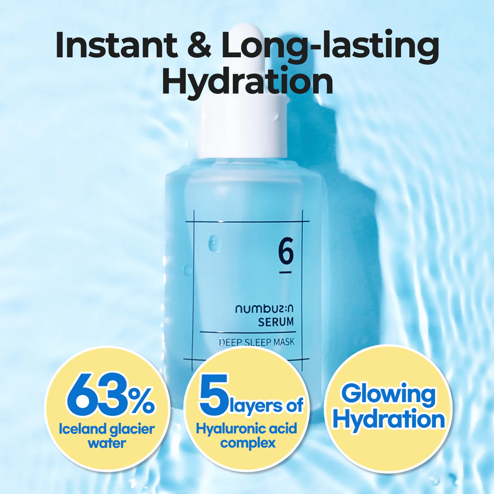 numbuzin No. 6 Deep Sleep Mask Serum 63% jäätikkövettä ja 5 kerrosta hyaluronihappoa, intensiiviseen ja pitkäkestoiseen kosteutukseen.