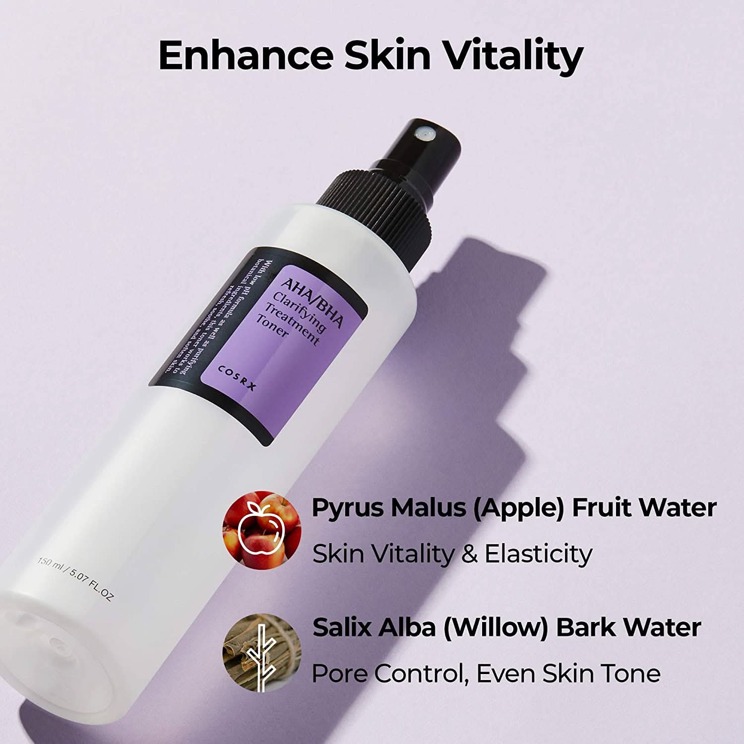 Pullo COSRX AHA/BHA Clarifying Treatment Toner 150ml kohdistettu mustapäille.