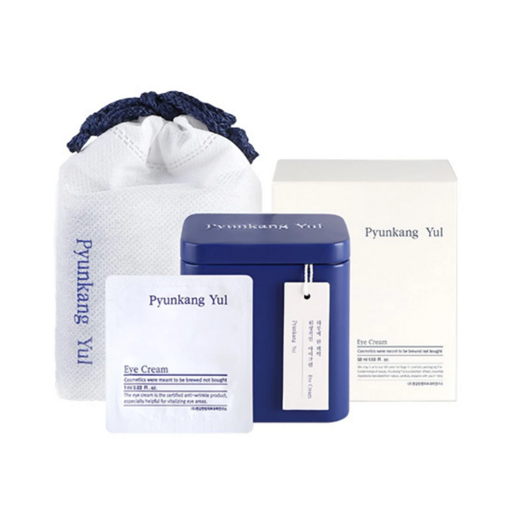 Pakkaus, jossa on sininen pussi ja valkoinen laatikko Pyunkang Yul Eye Cream 1ml x 50kpl varten.