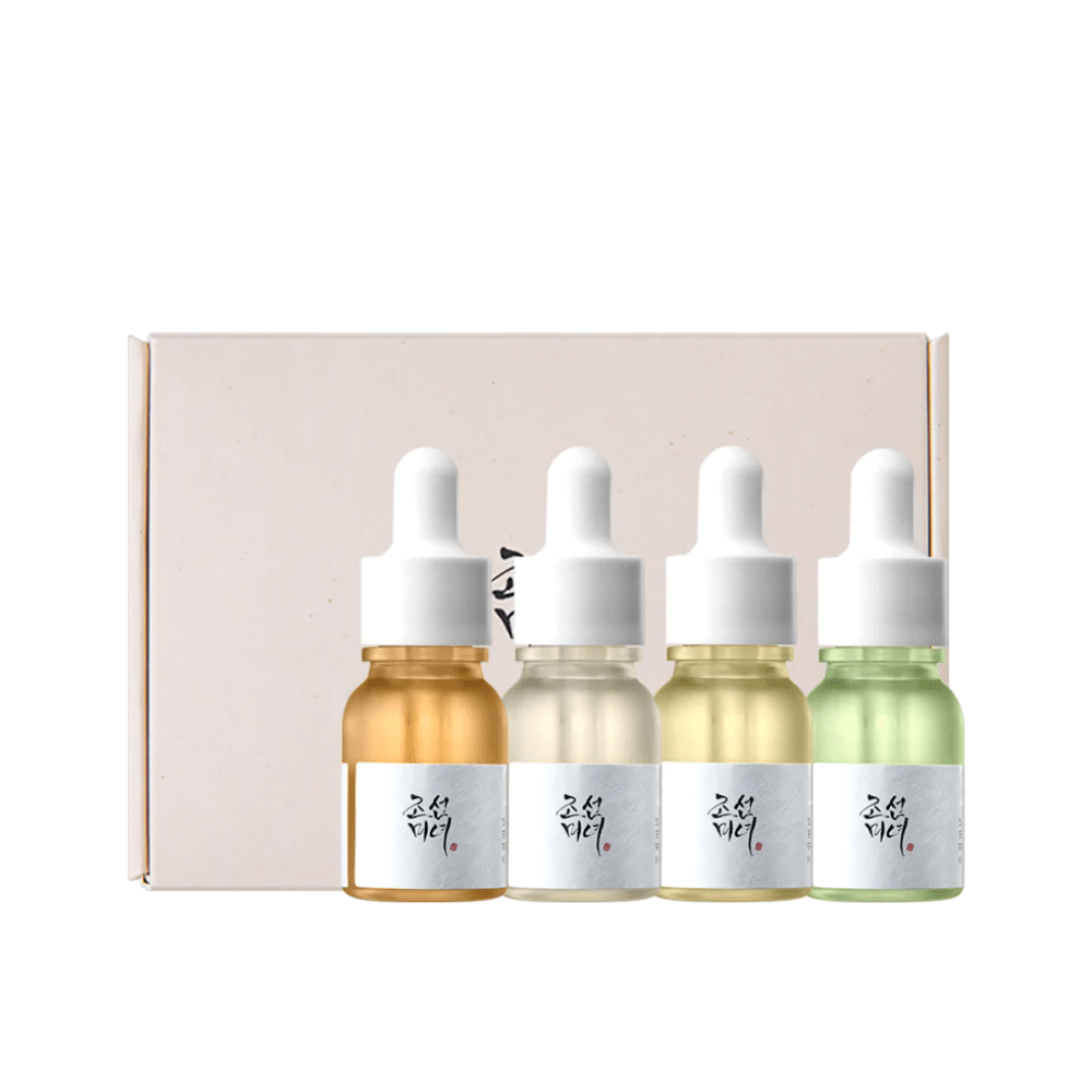 Laatikko, jossa on kolme pulloa Hanbang Serum Discovery Kit 4 kpl Beauty of Joseon, jotka kukin edistävät nuorekasta hehkua ja vähentävät ryppyjä.