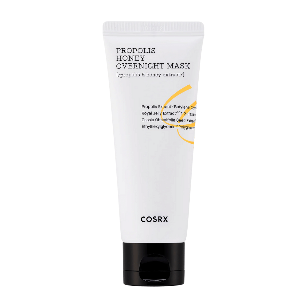 Valkoinen putki, jossa on Full Fit Propolis Honey Overnight Mask 60 ml valkoisella taustalla, johon on infusoitu propolisuutetta COSRX.