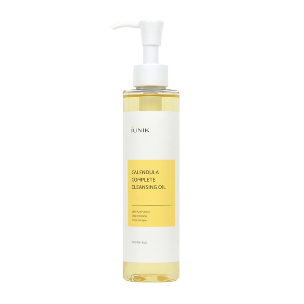 Yksi pullo iUNIK Calendula Complete Cleansing Oil 200ml meikinjäämien poistamiseen, keltainen etiketti valkoisella taustalla.