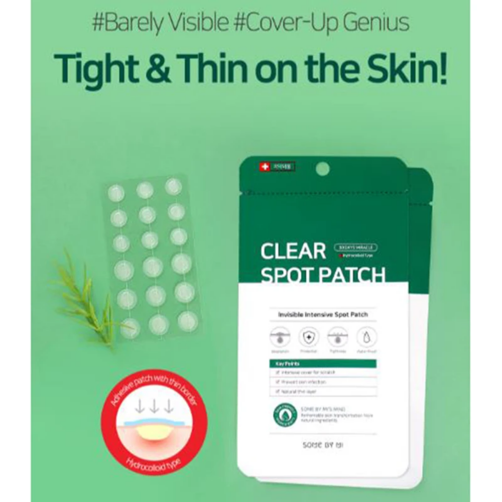 Valkoinen 30 Days Miracle Clear Spot Patch (18 kpl) selkeällä taustalla, sopii aknen ja haavaeritteiden hoitoon. Merkki: SOME BY MI