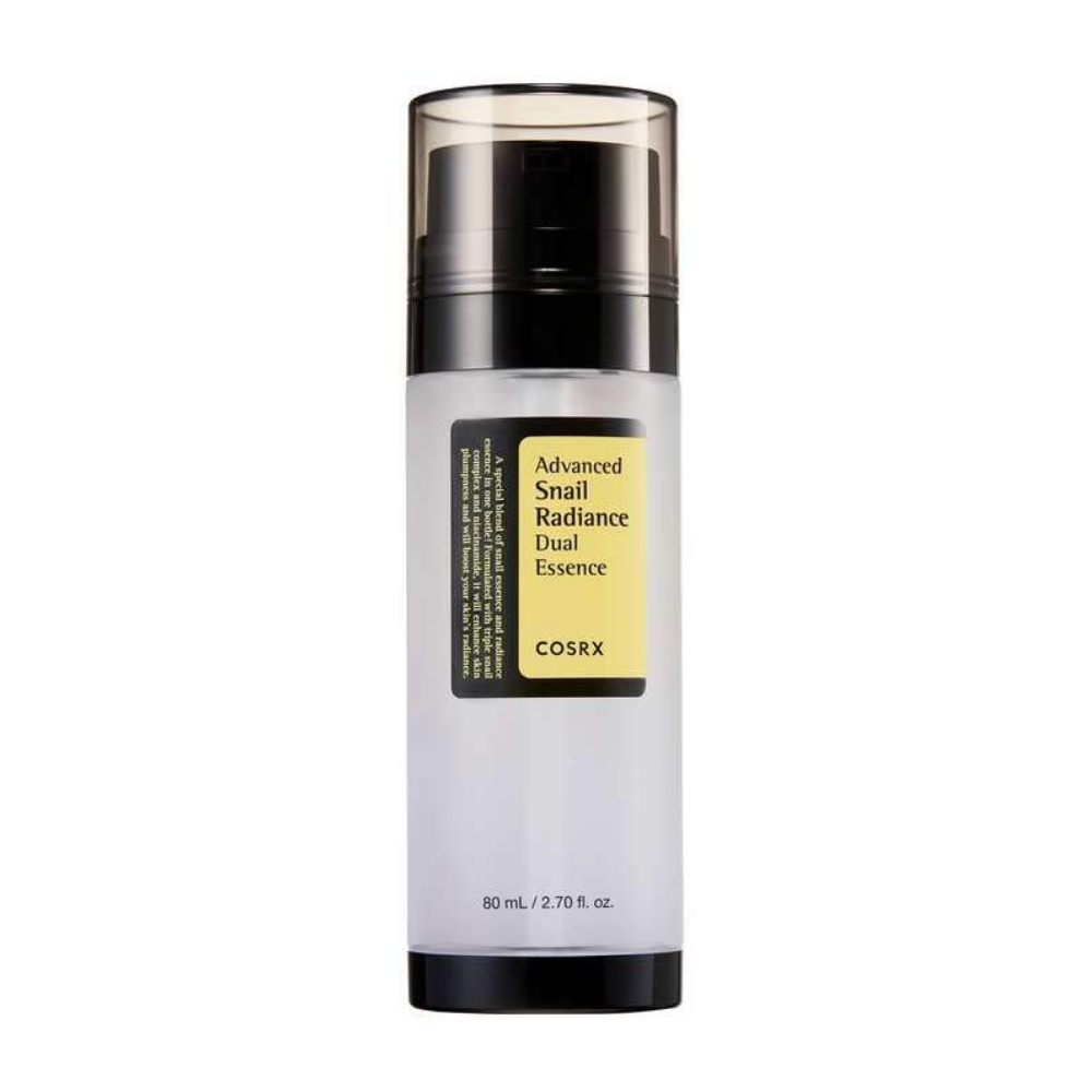 COSRX Advanced Snail Radiance Dual Essence 80ml auttaa vähentämään aknea ja edistää kirkasta ihoa triplakaarnakompleksinsa ja niasiinamidin avulla.