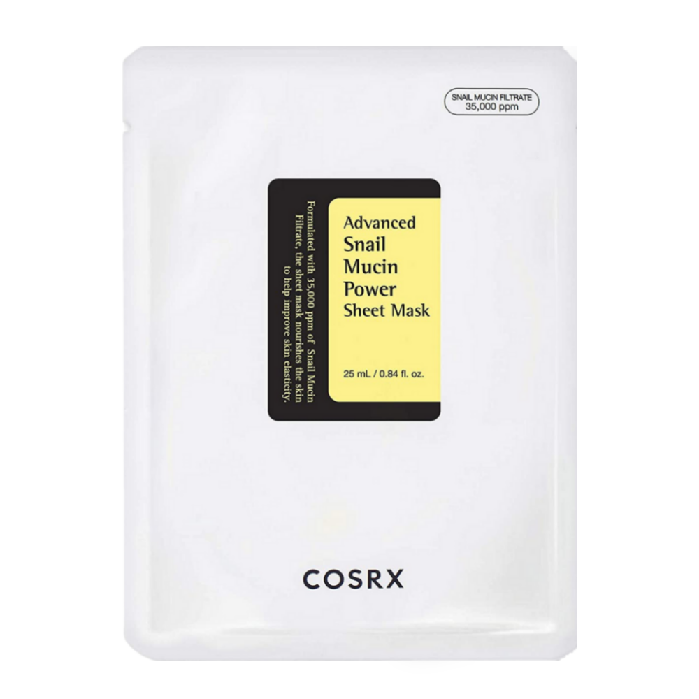COSRX Advanced Snail Mucin Power Sheet Mask valkoisessa pakkauksessa, jossa on musta ja keltainen etiketti, rikastettu 35 000 ppm etanaseerumilla kosteutukseen, korjaukseen ja parantuneeseen ihon kimmoisuuteen.