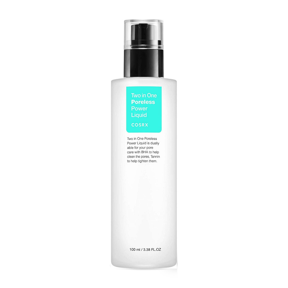 Pullo COSRX Two In One Poreless Power Liquid 100ml, suunniteltu rasvaiselle iholle, näkyy valkoisella taustalla.