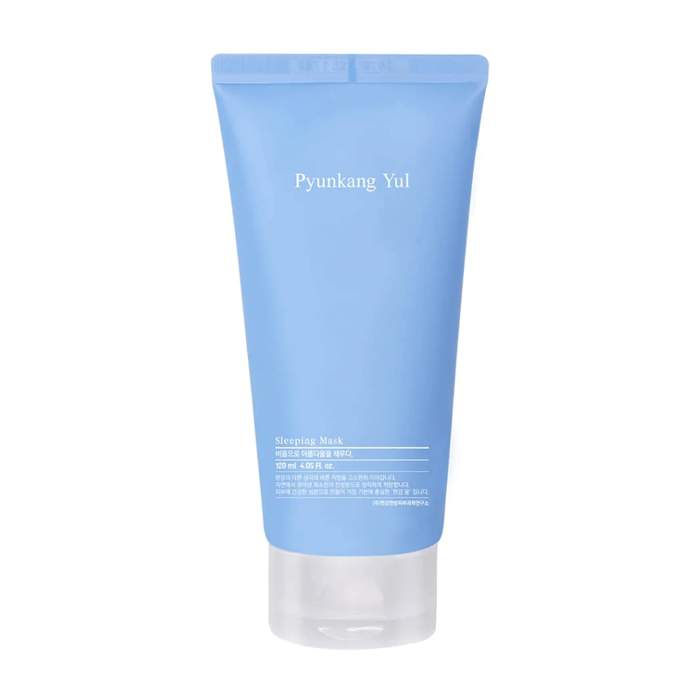 Pyunkang Yulin hyaluronihappoa sisältävä Pyunkang Yul Sleeping Mask 120ml -tuubi valkoisella taustalla kosteutetulle iholle.