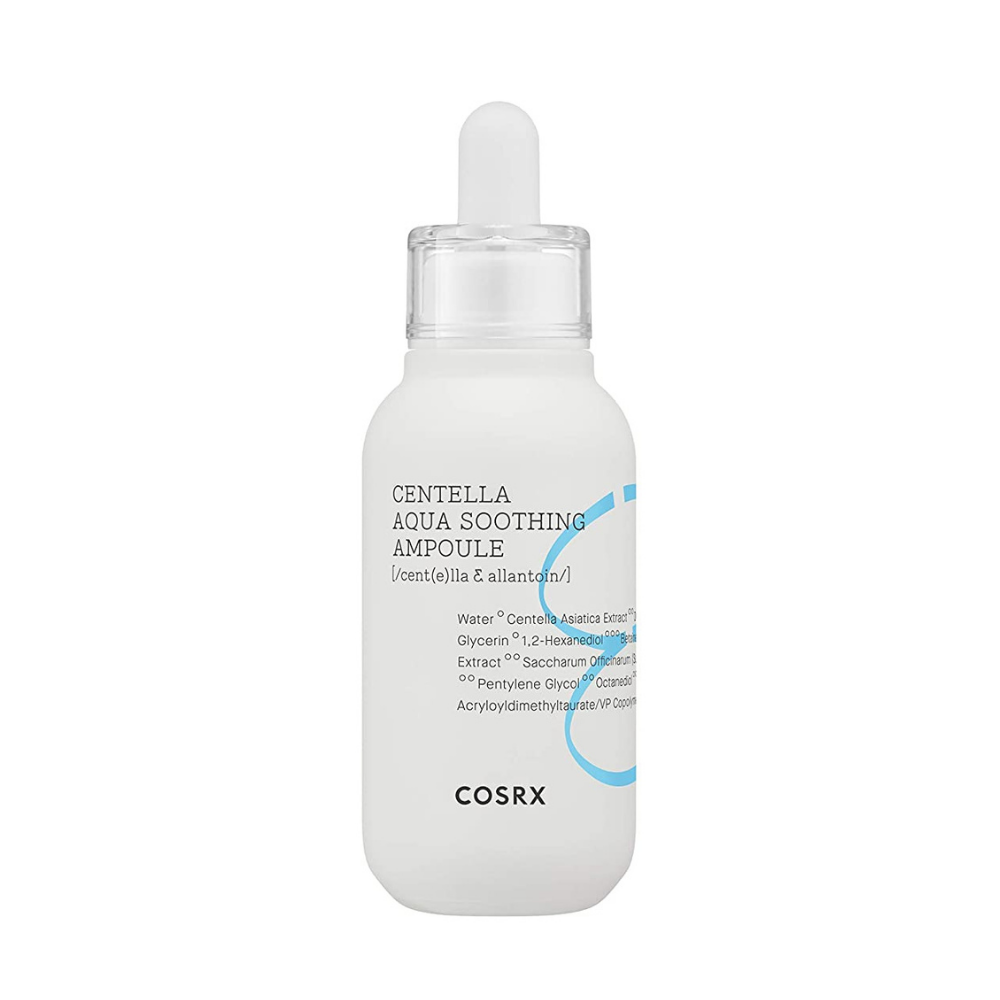 Pullo COSRX Centella Aqua Soothing Ampoule 40ml rauhoittavilla ominaisuuksilla valkoisella taustalla.